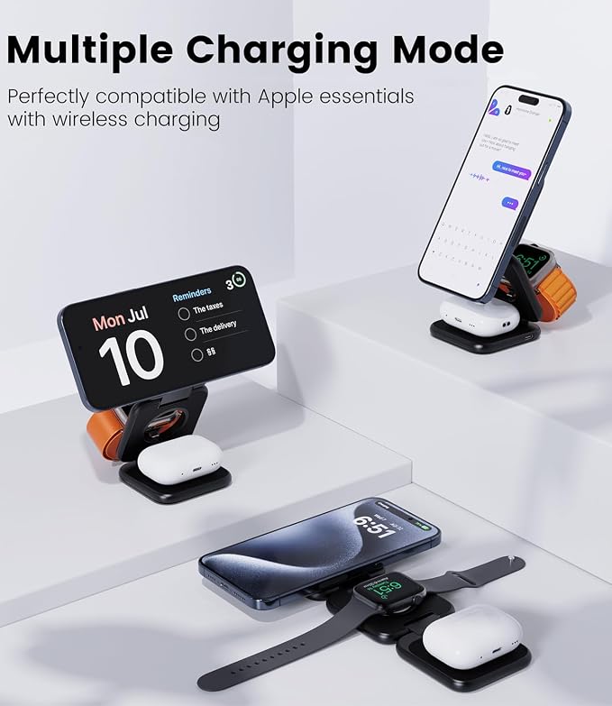 KU XIU Foldable 3 in 1 Magnetic Wireless Charging Station for Apple Devices | Aluminum Alloy Design Foldable Travel Charger Stand with 20W Adapter for iPhone 17-12 5W for Apple Watch &amp AirPods