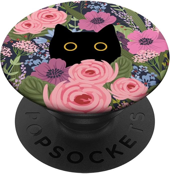 Black Cat Hiding in Garden Flowers Cute Floral Pattern PopSockets Adhesive PopGrip