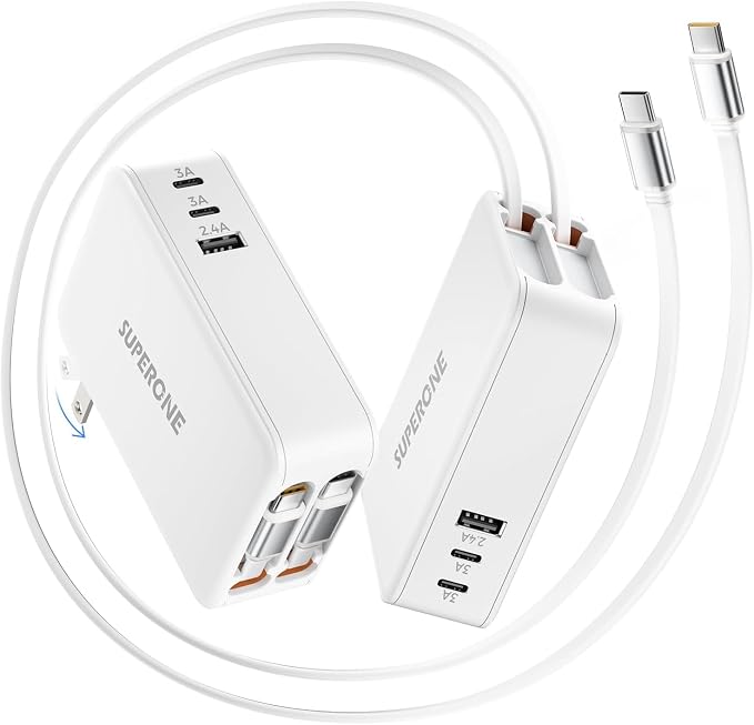 65W Retractable Wall Charger with Dual USB C Cables | 5-Port Charger Block Compact Foldable Power Adapter Fast Charging for MacBook Pro/Air Dell XPS ThinkPad ZenBook iPhone iPad