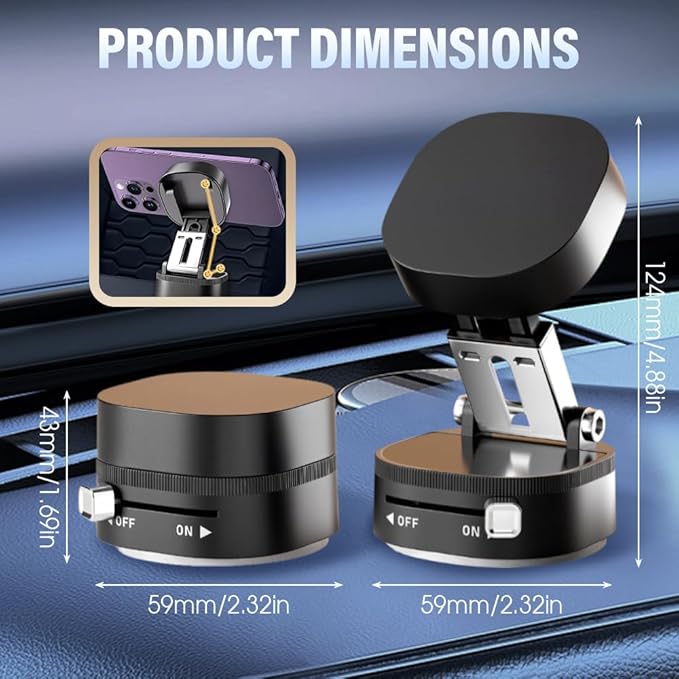 360° Adjustable Vacuum Magnetic Phone Holder, Foldable Magnetic Car Phone Holder for Your Car, Hands-Free Suction Cup Phone Mount for Car/Gym/Mirror/Smooth Surface for iPhone & Android (Black)