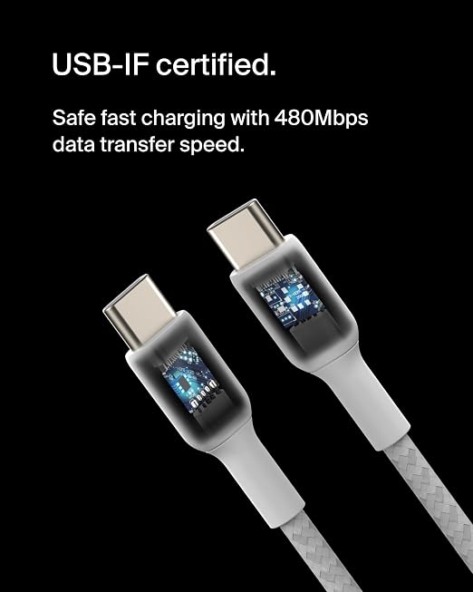 Belkin USB C to USB C Braided Cable 3.3ft iPhone Charger Cord | tangle-free braided cord iPhone 17/16 Samsung Galaxy S25 Pixel 9 MacBook iPad Pro Nintendo Switch 2 travel essential