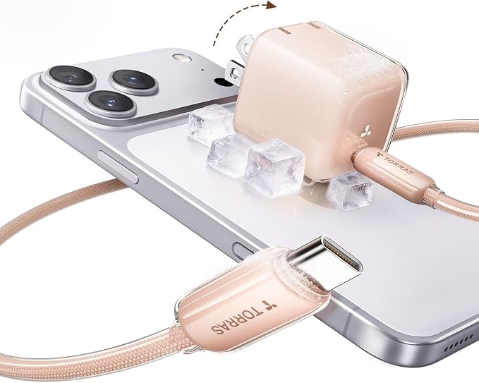 TORRAS IceNano 30W USB C Wall Charger Ultra Mini Foldable Fast Charger Block with Cooling Tech Compact Travel Wall Charger for iPhone 17/16/15 Samsung iPad Desert Gold (5.6ft Cable Included)