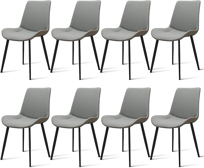 Dining Chairs, Modern PU Leather Dining Room Chair with Sturdy Metal Legs, Upholstered Seat Dinner Chairs Accent Side Chairs for Indoor Kitchen Living Room (Light Grey & Dark Grey, Set of 8)