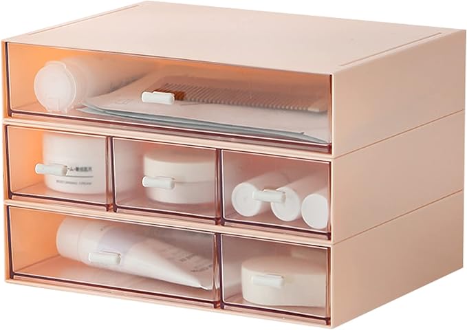 Desk Organizer with 6 Drawers, Makeup Organizer, Plastic Makeup Storage, Cosmetic Storage Organizer, Desk Storage Box, Bathroom Organization Boxes, Desktop Storage Box(Pink)