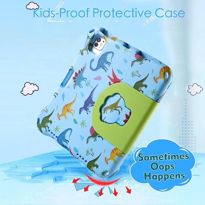 Dinosaur iPad Air 4 5 6 11 inch 2024 Case for Kid Boy Light EVA Kids Friendly iPad Air 4th 5th 6th Gen Case with Handle Kickstand Kids Pro Shockproof Full Cover Boy's Gift (KL) Blue