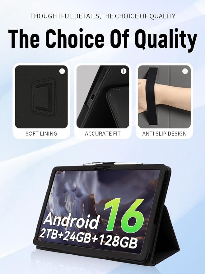 Case for TABWEE T50 11 Inch Tablet (Black) | PU Leather Folding Cover with Pen Holder and Wrist Strap Business Travel Portable