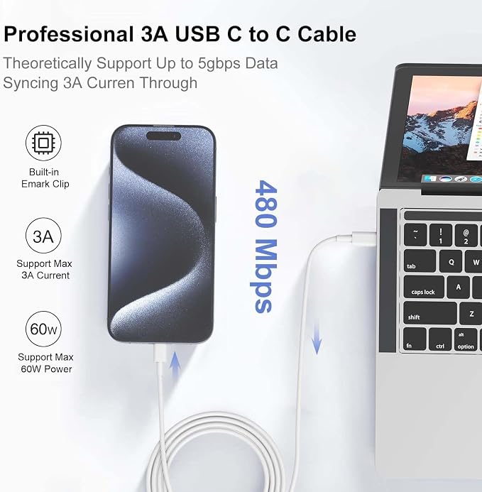 Hzevn 60W USB C Charging Cable for MacBook Pro/Air &amp for iPhone 16/15 Pro Max MFi Certified 20V/3A Super Fast Charger Cord 6ft+10ft PD 3.0 Compatible with iPad Pro 12.9/11 Samsung S25/S24(2-Pac