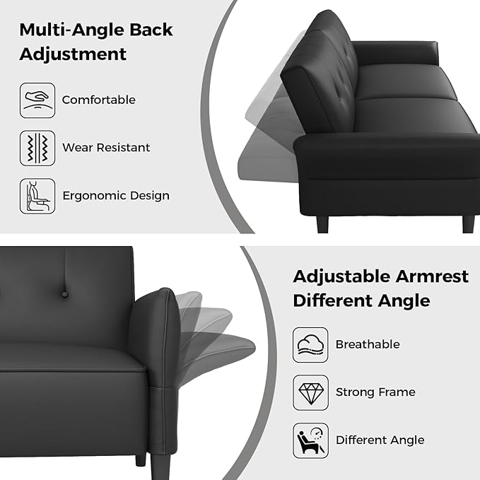 89” Futon Sofa Bed,Futon Couch Bed with 2 Square Pillows,Convertible Sleeper Sofa with Adjustable Backrest& Armrests, Modern Loveseat Sleeper for Living Room, Bedroom,Faux Leather Black