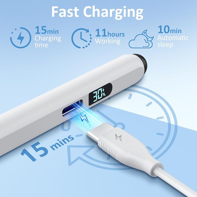 DIGIROOT iPad Apple Pencil 2025-2018 LED Power Display Stylus Pen for iPad | 3X Fast Charge Compatible for iPad A16 11/10/9/8/7/6 Pro 11/12.9/13''/M4 Air M3/M2/5/4/3 Mini 7/6/5