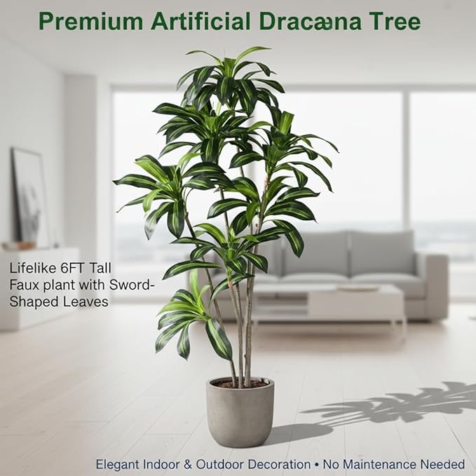 Artificial Dracaena Plant 6FT - Realistic Fake Dracaena Tree Tall Large Faux Silk Plants Fake Floor Potted Artificial Plants for Home Decor, Office Plants
