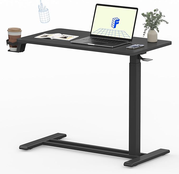 FLEXISPOT Mobile Standing Desk with Wheels Pneumatic Laptop Desk Rolling Computer Cart Movable Height Adjustable Small Sit Stand Desk Computer Workstations Home Use（27.6" W x 15.7" D, Black