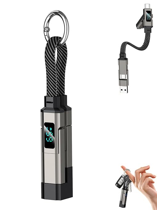 4-in-1 Charging Cable with Digital Display &amp Keychain – Fast-Charging Kink-Resistant &amp Compact Short Multi-Interface Braideds Fast Charging Lanyard Cord for Laptop Phone (Black)