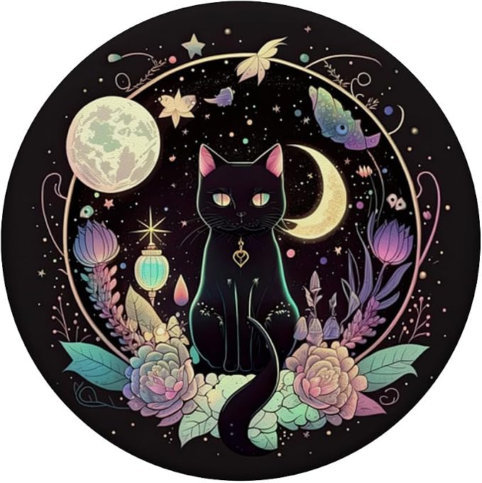 Moon Phases Crystal Witchy Cute Black Cat Kawaii Pastel Goth PopSockets Adhesive PopGrip