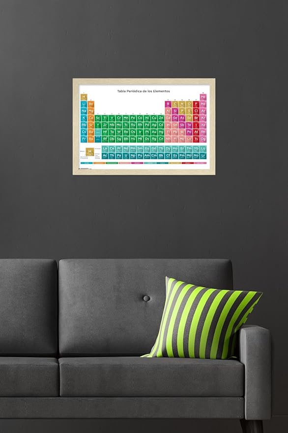 Periodic Table Of Elements - Spanish Wall Poster, 22.4L" x 14.7W", Blonde Framed Version