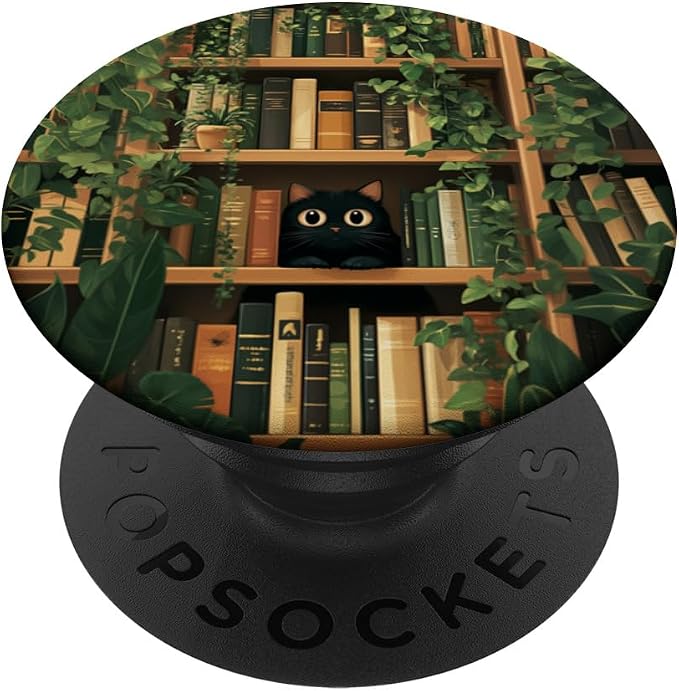Cute Black Cat Hiding On Bookshelves Plants Library Bookish PopSockets Adhesive PopGrip