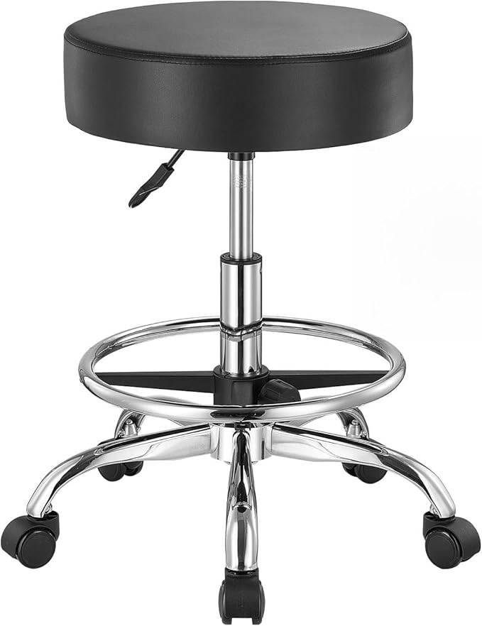 VEVOR Rolling Stool with Foot Rest and Wheels, 450 LBS Weight Capacity Round Rolling Stool Chair, Height Adjustable Thickened PU Leather Swivel Stool for Salon, Spa, Massage, Tattoo, Clinic, Black