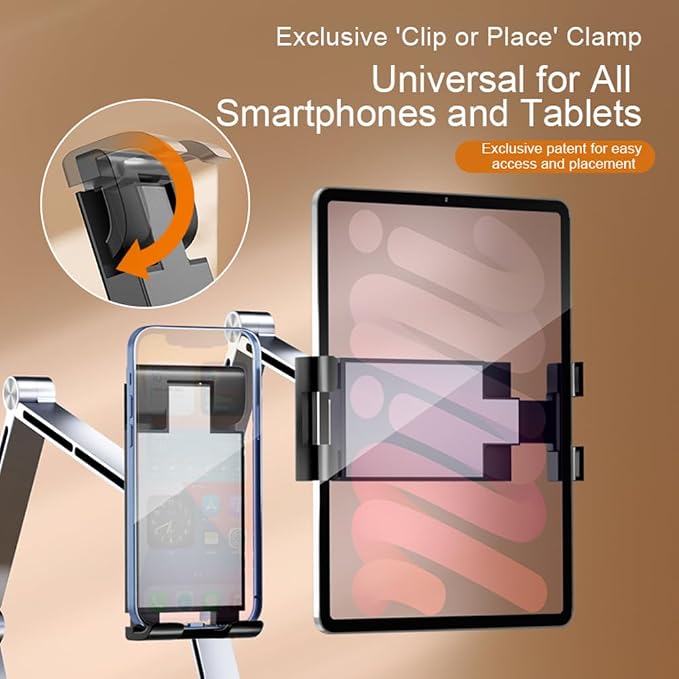 Phone/Tablet Metal Holder Stand Grey CT9 | Heavy Duty Adjustable Foldable Aluminum Universal Lazy Bracket 360° Rotation Flexible Long Arm For 4-13 Inch Devices
