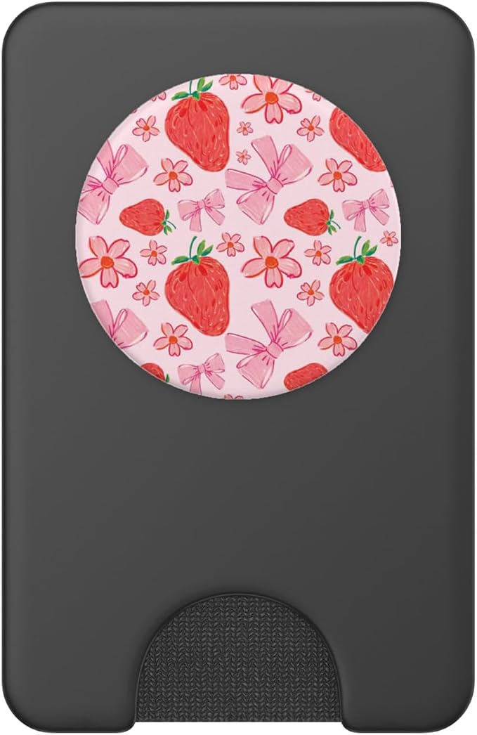 Cute Pink Strawberry Bow Pattern Girly Aesthetic Flower PopSockets Adhesive PopGrip