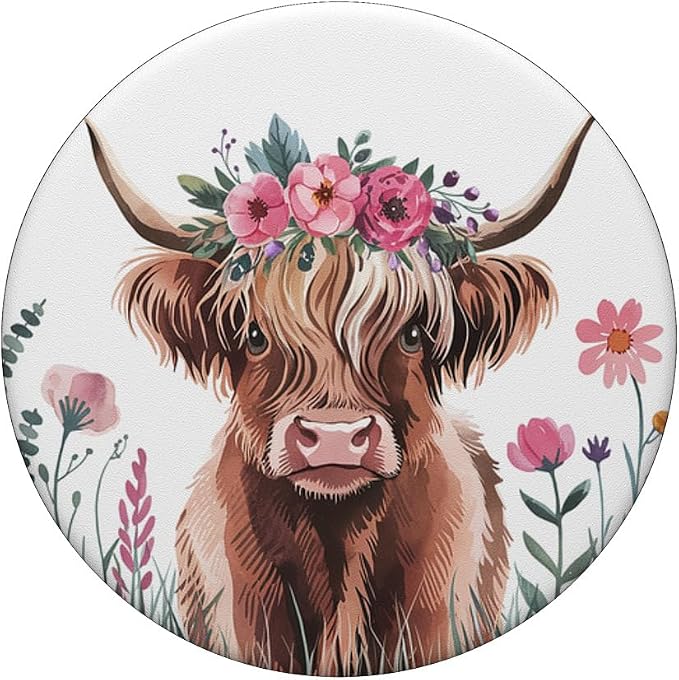 Baby Highland Cow Floral - Adorable Watercolor Farm Art PopSockets Adhesive PopGrip