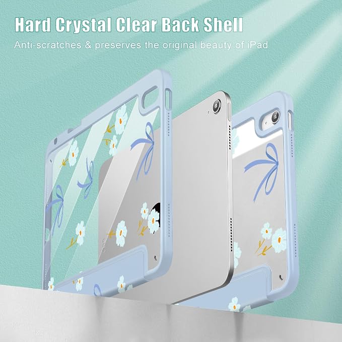 Mektron Case for 2026 iPad Air 11 inch M4 8th (M3 2025 7th /M2 2024 6th) Compatible with iPad Air 10.9 (2022 5th Gen /2020 4th Gen) Shockproof Clear Shell Blue Bows &amp Flowers