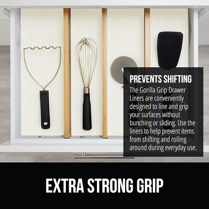 GORILLA GRIP powerGRIP Drawer Shelf and Cabinet Liner, Thick Strong Hold, Non-Adhesive Liners Protect Kitchen Cabinets and Cupboard, Bathroom Drawers, Easy Install, Breathable Mat, 12" x30' Snow White