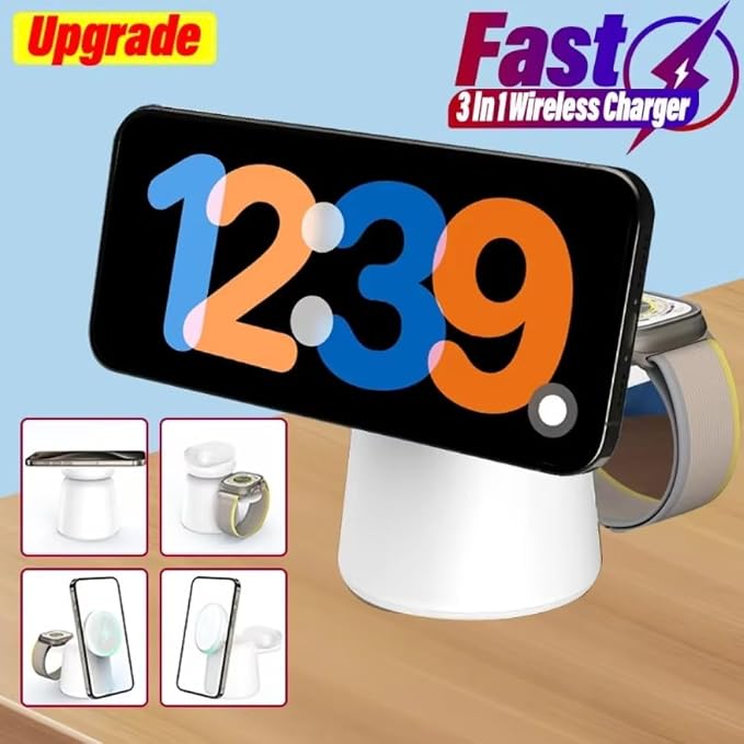 Foldable 3 in 1 Magnetic Wireless Charger Stand for iPhone 17 16 15 14 13 12 Pro Max Airpods IWatch 9 8 7 6 Fast Charging Dock Station (White)