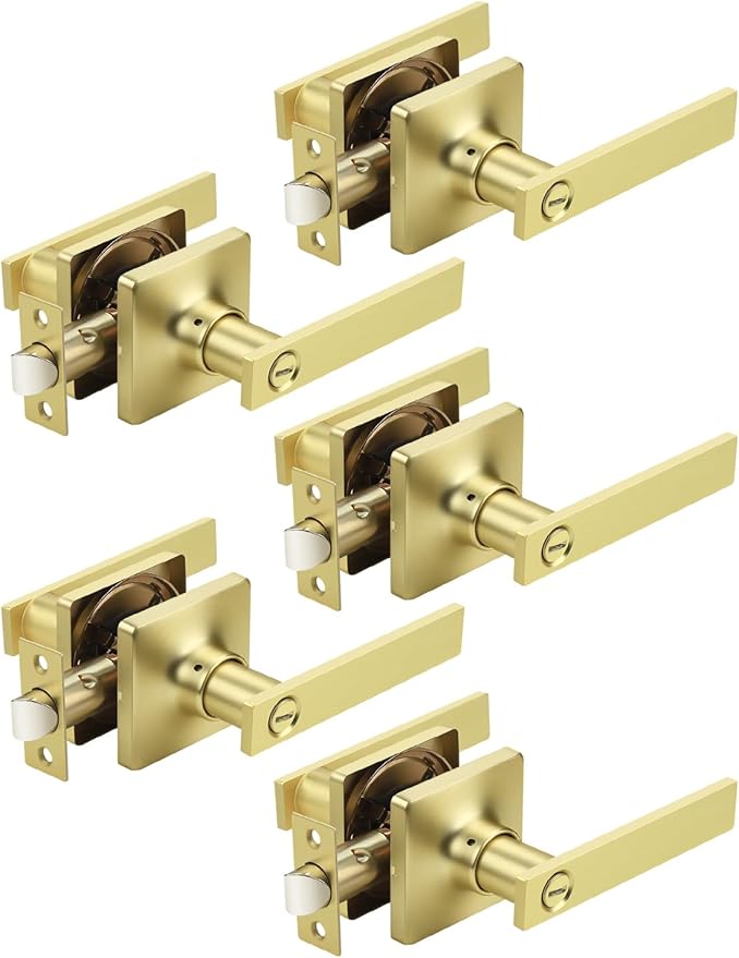 Mengico 5 Pack Gold Privacy Lever Door Handle Interior with Lock, Heavy Duty Square Door Lock for Bed/Bath, Keyless Door Locksets, Reversible for Left Right Handed Doors