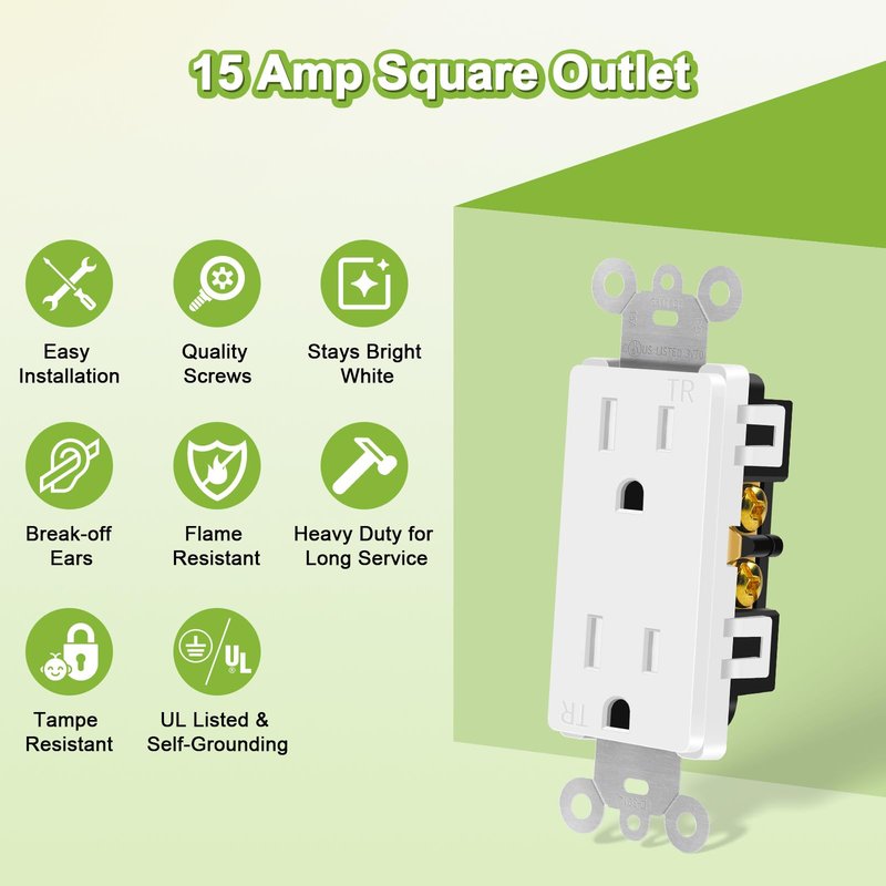 Outlet Plug,Greencycle 110V Plug Replacement,20PK 15Amp Tamper Resistant,5-15R,3 Wire Square Outlet Wall Plug,Residential Commercial Grade,Ultra-Slim,Heavy Duty,Self-Grounding,UL/Cul
