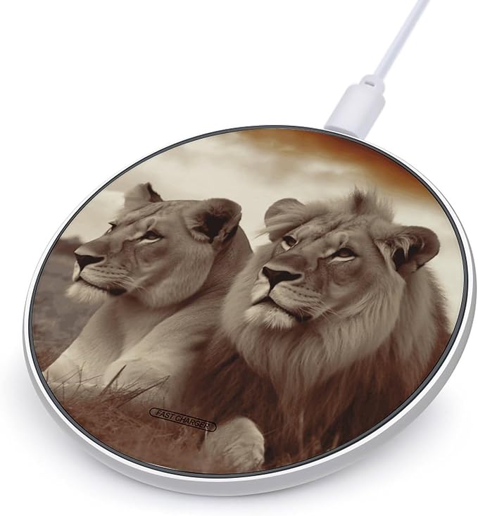 African Lion and Lioness Wireless Charger Aluminum Alloy Frame 10W Fast Charging Pad with Indicator Light 6mm Thin &amp Portable Wireless Charging Pad for Travel Home Office Desk