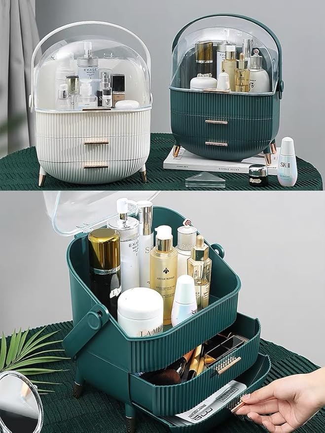Makeup Storage Organizer for countertop，Cosmetics Display Case with 2-Layer Storage Box and Transparent Cover, Keep Bedroom Vanity Organizer Clea, Milky white
