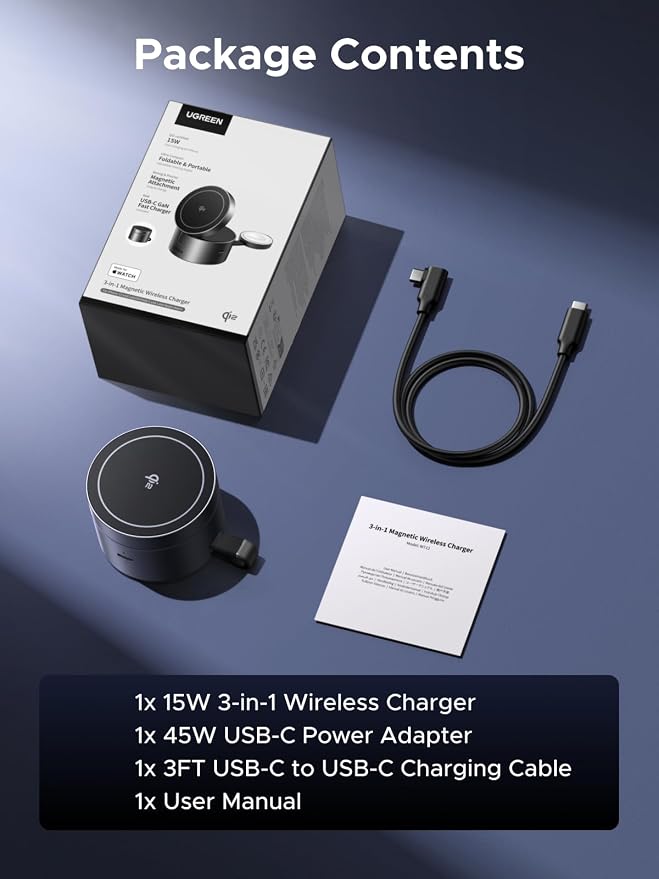 UGREEN Qi2 15W 3-in-1 MagSafe-Compatible Foldable Wireless Charging Station | Compact &amp Adjustable DesignCharging Stand for iPhone 17-12 series Apple Watch and AirPods Include 45W Charger