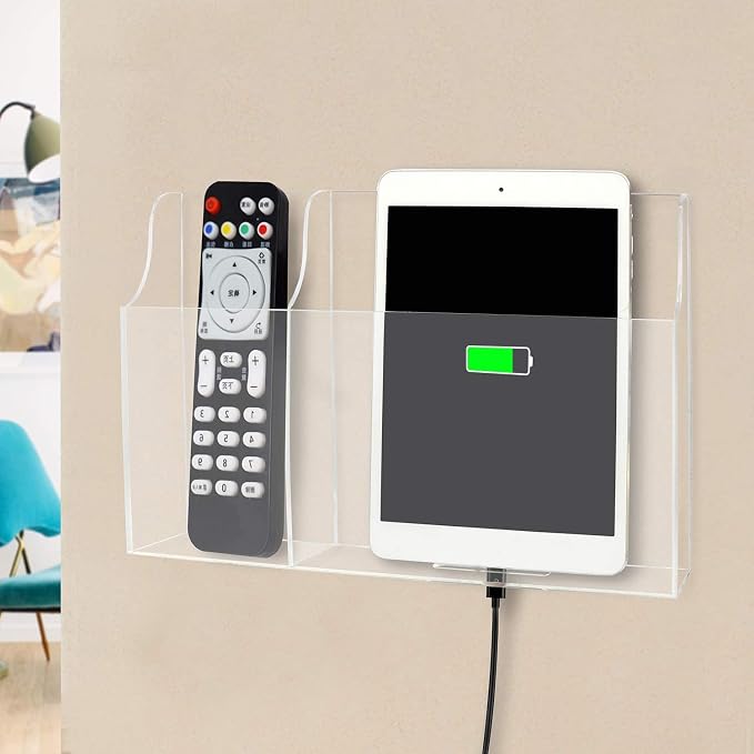 Clear Wall Tablet Holder Acrylic Wall Mounted Phone Holder for iPad Remote Control Holder Laptop Stand for eReader Storage Caddy with Charging Holes for Kindle iPhone