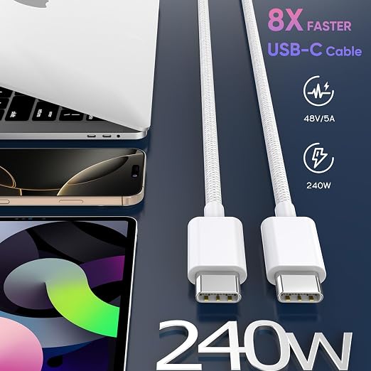 USB C to USB C 240W USB C Cable 2-Pack 10ft C to C Cable Fast Charging for MacBook Pro/MacBook Air iPad Pro/iPad Air iPhone 16 15 Pro Max Plus Samsung GalaxyCompatible 140W/100W/65W/45W/35W/20W