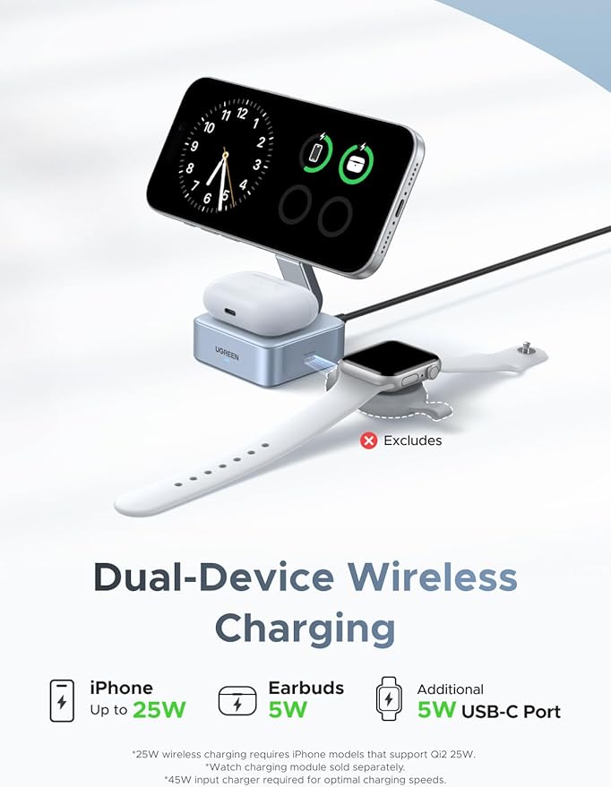 UGREEN Qi2 25W Magflow Wireless Charger Magsafe Charging Station 2-in-1 for iPhone 17/16/15/14/13/12 Pro Max, Fast Foldable Stand with USB-C Port, Compatible with AirPods, Dual Device Charging