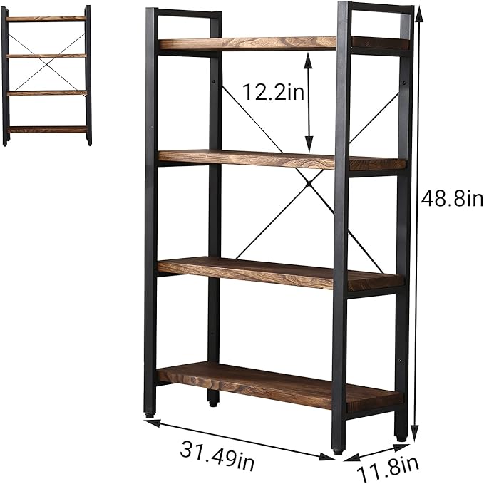 Solid Wood Bookshelf,4 Tier Rustic Vintage Industrial Etagere Bookcase, Open Metal and Wood Vintage Book Shelf, Retro Brown (RealWood)(4-Tier)