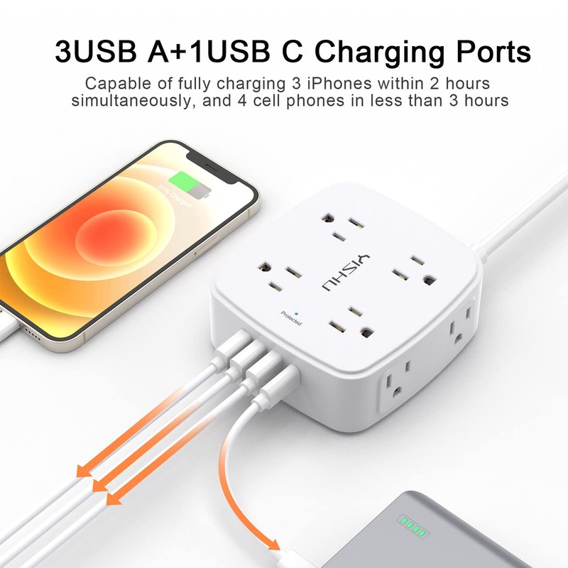 10 Ft Surge Protector Power Strip - YISHU 3 Side Outlet Extender with 8 Widely AC Outlets and 4 USB Ports, 10 Feet Extension Cord with Flat Plug, Wall Mount Desk USB Charging Station, ETL,White