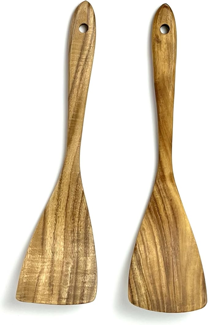 WOODBALA Teak Wood Rigth Handle Flat Turner for Kitchen Use, 2 Pcs Long Wooden Spatula for Cooking, Non Stick Wooden Cooking Utensils Set Flat Spatulas
