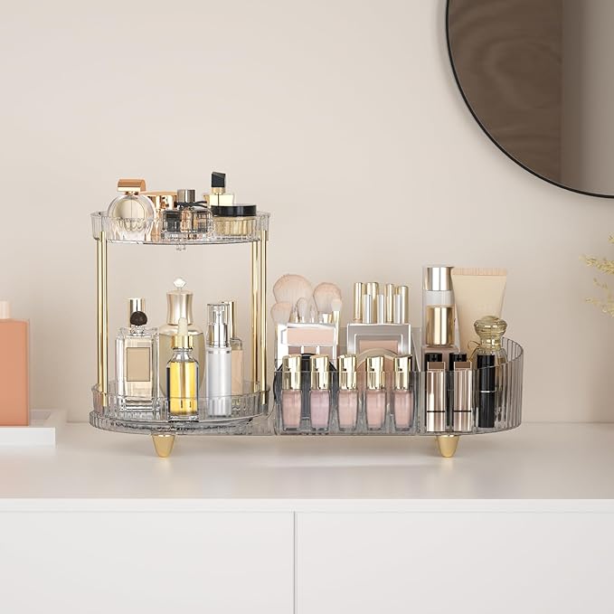 Makeup Organizer Countertop for Vanity, Rotating Skincare Organizers and Storage, 2-in-1 Cosmetic Organizer Display Case with Makeup Holder Perfume Tray for Desk Counter Bathroom Dresser