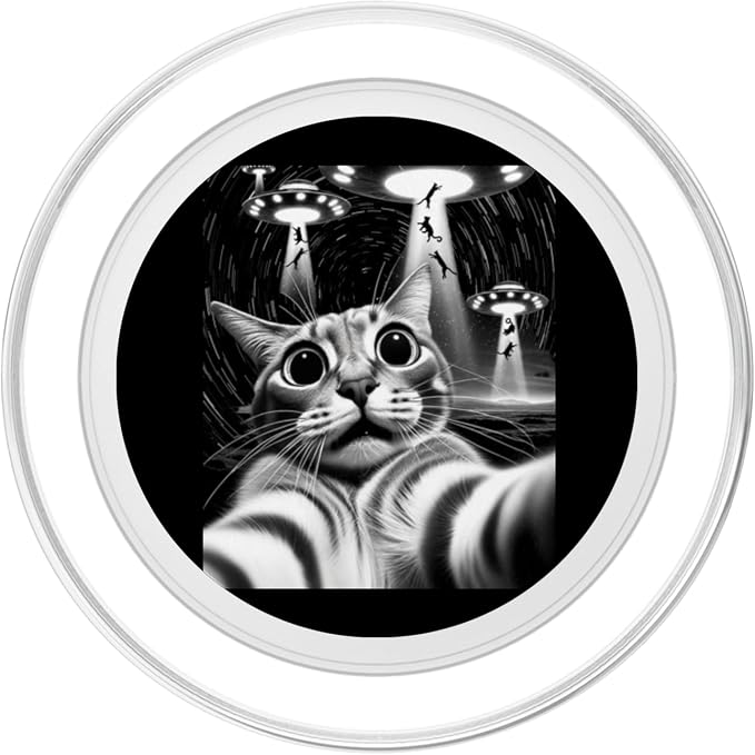 Cat UFO Invasion | Funny Cat Meme Retro Alien Cat UFO Selfie PopSockets Adhesive PopGrip