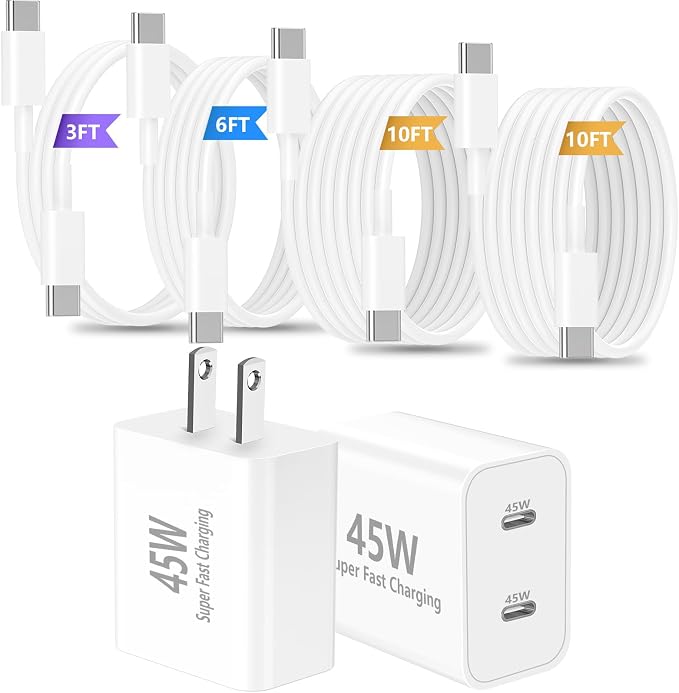 45W Dual USB-C Fast Charger 2-Pack &amp 4 Extra Long Cables for iPhone/Samsung | 4 Extra Long Type C to C Cables (3/6/10/10FT). Fits iPhone 17/16/15 Pro Max Galaxy S25/S24 Ultra iPad &amp Pixel