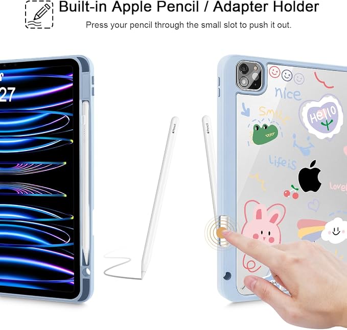 May Chen Case for iPad 12.9 Inch (6th/5th/4th/3rd Generation 2022/2021/2020/2018) Pencel Holder + Trifold Support Auto Sleep/Wake Transparent Shockproof Back Cover Blue Bows
