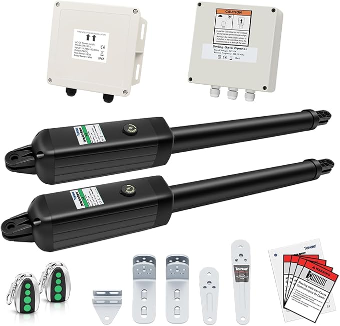 TOPENS PW502 Automatic Gate Opener for Medium Duty Dual Swing Gates Up to 16ft per Arm, Dual Swing Gate Operator AC Powered with Remote Control Kit Gate Motor Solar Compatible