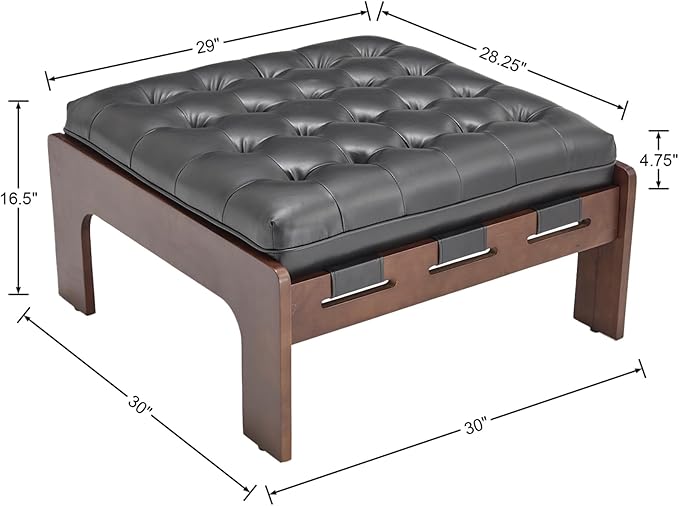Kmax Coffee Table, 30 Inch Black Leather Ottoman Coffee Table Square Upholstered Dark Wood Center Table Tufted Tea Table for Living Room - PU, Black