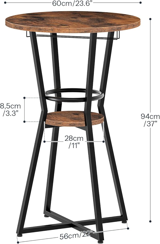 HOOBRO Round Bar Table, 2-Tier Counter Height Pub Table with Wine Glass Holder, Industrial Cocktail Table, for Small Space, Tavern, Living Room, Dining Room, Patio, Rustic Brown and Black BF62BT01G1