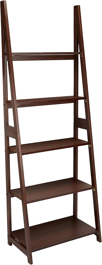Amazon Basics Ladder Bookshelf Organizer, 5-Tier, Solid Rubberwood Frame, Walnut Finish, 14" D x 24.8" W x 70.1" H