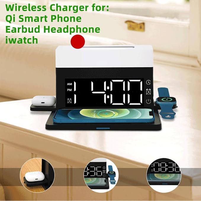 IHAO 3in1 Multifunctional Foldable Wireless Charging Station with LED Ambient Night Light Fast QC3.0 Charger for Phone iWatch Headphone Space-Saving Auto-Shutoff &amp Overcharge Protection-Black