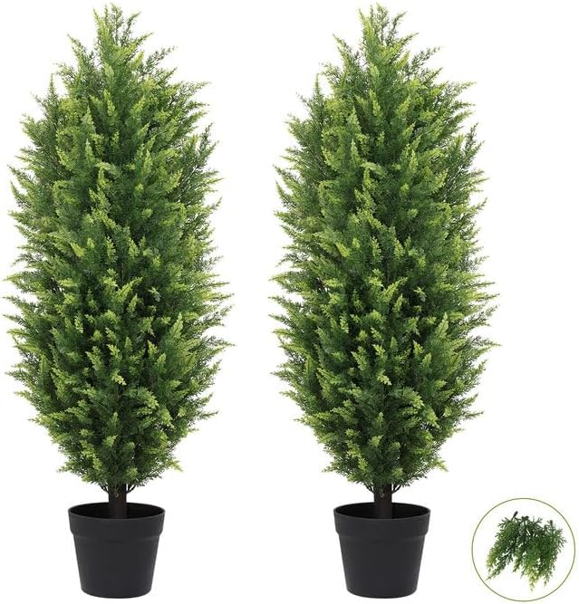 THE BLOOM TIMES 3FT Tall Artificial Cedar Topiary Trees Set of 2, UV Resistant Large Faux Cypress Evergreen Plants for Outdoor Planters, Realistic Fake Bushes & Shrubs for Front Porch Christmas Decor