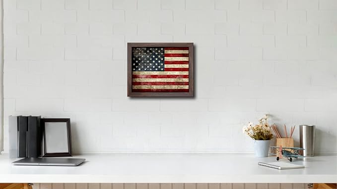 Wieco Art Old Vintage American Flag Wall Art Canvas Print Motivation Classroom Decor With Red Picture Frame and Real Glass Made to Display 5x7" with Mat or 8x10" Without Mat for Home Office Wall Decoration