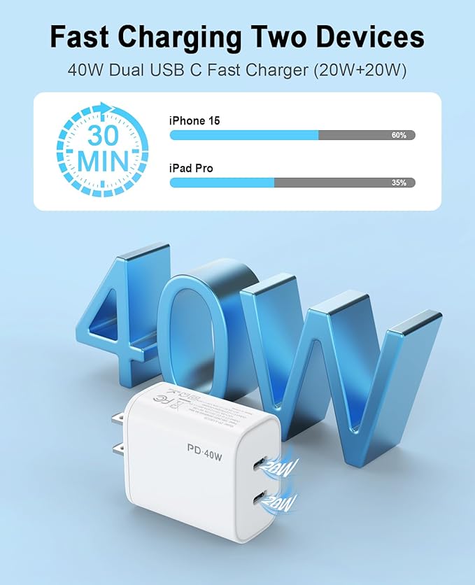 iPhone 17 16 15 Charger 4 Pack 40W USB C Charger Dual Port Fast Charging Block (4-Pack 6 ft USB C to C Cable Cord Included) for iPhone 17 16 15 Pro Max/15Pro/15/15PlusiPad | USB C Charger Fast Charg