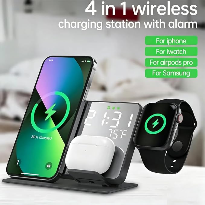 IHAO 3in1 Multifunctional Foldable Wireless Charging Station with LED Ambient Night Light Fast QC3.0 Charger for Phone iWatch Headphone Space-Saving Auto-Shutoff &amp Overcharge Protection-Black